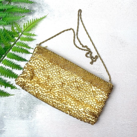 Vintage Handbags - 90s Vintage Gold Beaded Evening Clutch